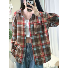 批发美式复古<b class='q'>格子衬衫</b>女长袖春季宽松慵懒设计感港风chic长袖衬衣外套