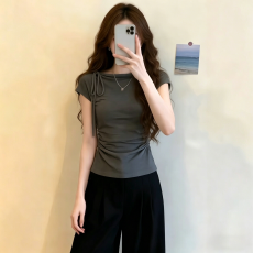 批发260克人棉罗纹92粘胶8氨纶】设计感短袖T恤女夏绑带修身<b class='q'>显瘦</b>上衣