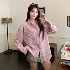 批发实拍原版面料腊肠狗刺绣格子衬衫女2025春<b class='q'>秋</b>宽松百搭小众上衣外套