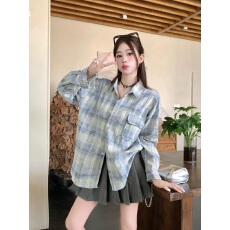 批发韩系慵懒风格子长袖衬衫女秋季设计感小众宽松中长款休闲外套上衣
