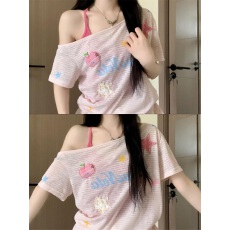 已出货原版面料 2件套叠穿露肩修身短袖T恤女巨好看甜辣上衣