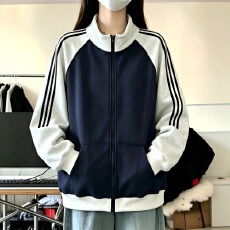 批发全消光310克仿棉华棉复合牛奶丝三条杠立领撞色薄款拉链卫衣外套