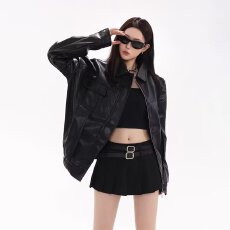 批发美式复古PU皮外套男女春秋潮牌<b class='q'>街头</b>痞帅宽松翻领休闲机车皮衣夹克