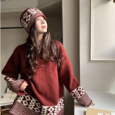 批发<b class='q'>北极</b><b class='q'>绒</b>毛衣+帽子 温柔复古撞色提花费尔岛针织衫女冬季新款毛衣