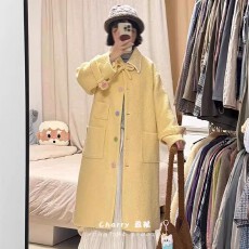 批发日系甜美风<b class='q'>翻领</b>黄色毛呢外套女2025冬季中长款小个子气质呢子大衣