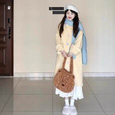 批发日系甜美风<b class='q'>翻领</b>黄色毛呢外套女2025冬季中长款小个子气质呢子大衣