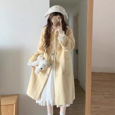 批发奶黄色<b class='q'>翻领</b>彩色扣毛呢外套女秋冬季小个子高级感中长款呢子大衣
