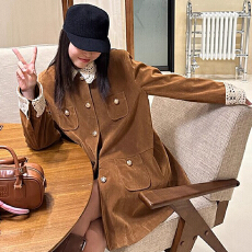 批发原版有内里 复古翻领中长款麂皮/丝绒外套工装风衣女 美拉德穿搭