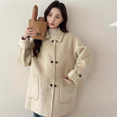 批发高级设计感双排扣呢子大衣女冬季新款韩版小个子<b class='q'>中长款</b>毛呢外套