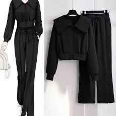 批发长袖短款<b class='q'>外套</b>卫衣高腰阔腿喇叭裤休闲运动时尚两件套装女#833