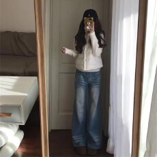 批发<b class='q'>大码</b>胖MM水洗磨白高腰牛仔<b class='q'>裤</b>2026新款超好看高街宽松阔腿<b class='q'>裤</b>