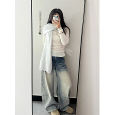 批发高个子加长版<b class='q'>牛仔裤</b>女春季美式做旧水洗街头猫须小众设计感阔腿裤