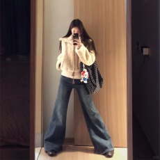 批发美式复古微喇牛仔裤2026新款高腰宽松不贴腿拖地喇叭长裤子