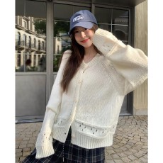 批发甜美镂空针织<b class='q'>开衫</b>毛衣女秋宽松软糯韩系小个子上衣