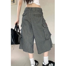 批发美式做旧补丁条纹牛仔<b class='q'>短裤</b>女2026夏季新款宽松阔腿毛边七分裤中裤