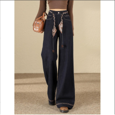 深蓝色牛仔阔腿裤女士2025秋季新款丝巾系带松弛垂坠感高腰直筒裤