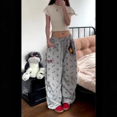 批发美式潮牌满印狗爪休闲运动裤女秋季设计感抽绳束脚弯刀阔腿卫裤子