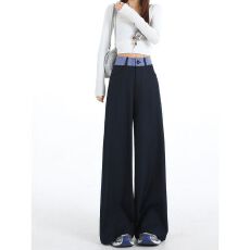 批发藏青色双腰格子拼接西装裤女秋冬新款美式宽松垂感阔腿休闲裤春秋