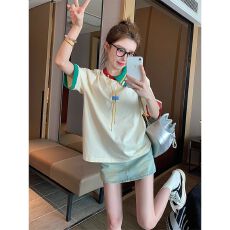 批发质量撞色polo领拼接短袖<b class='q'>T</b><b class='q'>恤</b>女新款美式学院风宽松休闲上衣