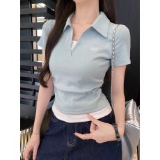 批发韩系辣妹蓝色显白气质别致漂亮T恤女夏季polo翻领刺绣褶皱上<b class='q'>衣服</b>