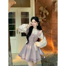 批发Blovelan烟染棠梨 国风<b class='q'>碎花</b>上衣+温柔俏皮木耳边飞袖背带裙套装女