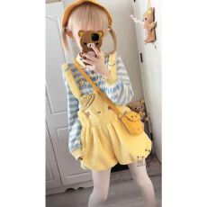 批发【Dear dolls】熊之原创小黄鸡幼稚园秋冬可爱毛绒背带<b class='q'>裤</b>+polo衫