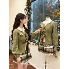 批发纯欲风温柔甜美套装2025秋冬新款绿色针织<b class='q'>开衫</b>格纹半裙两件套<b class='q'>女</b>装