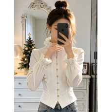 立领白色轻奢气质收腰短款丝绒衬衫上衣2026春装新款小衫衬衣女装