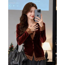 批发2026春季新款法式气质御姐<b class='q'>假两件</b>蕾丝<b class='q'>衬衫</b>女装休闲巨好看丝绒上衣