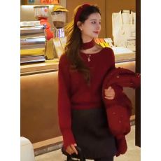 批发宽松露肩针织衫2025年早春新款红色毛衣慵懒风高级感长袖上衣女装