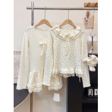 批发奶<b class='q'>白色</b>蕾丝打底衫2025新款荷叶边蝴蝶结波点仿貂毛奶fufu修身上衣