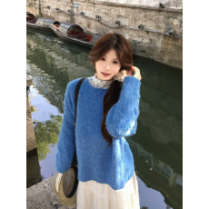 批发蓝色毛衣女秋冬新款穿搭韩系软糯套头针织衫慵懒保暖内搭长袖上衣