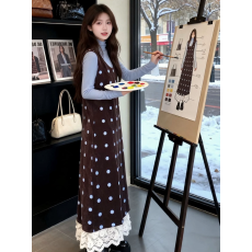 批发今年流行漂亮套装裙子2026早春新款蓝色上衣宽松<b class='q'>波点</b>背心<b class='q'>连衣裙</b>女