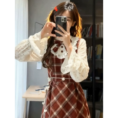 批发学院风千金感气质假两件格纹<b class='q'>连衣裙</b>2026春季新款收腰显瘦裙子女装