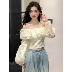 批发法式设计感上衣2026早春新款爆款长袖一字肩荷叶边泡泡袖<b class='q'>衬衫</b>女装