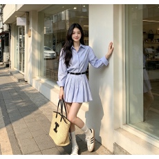 批发韩系chic条纹衬衫裙女<b class='q'>春</b>秋新款设计感小众百褶连衣裙洋气减龄炸街