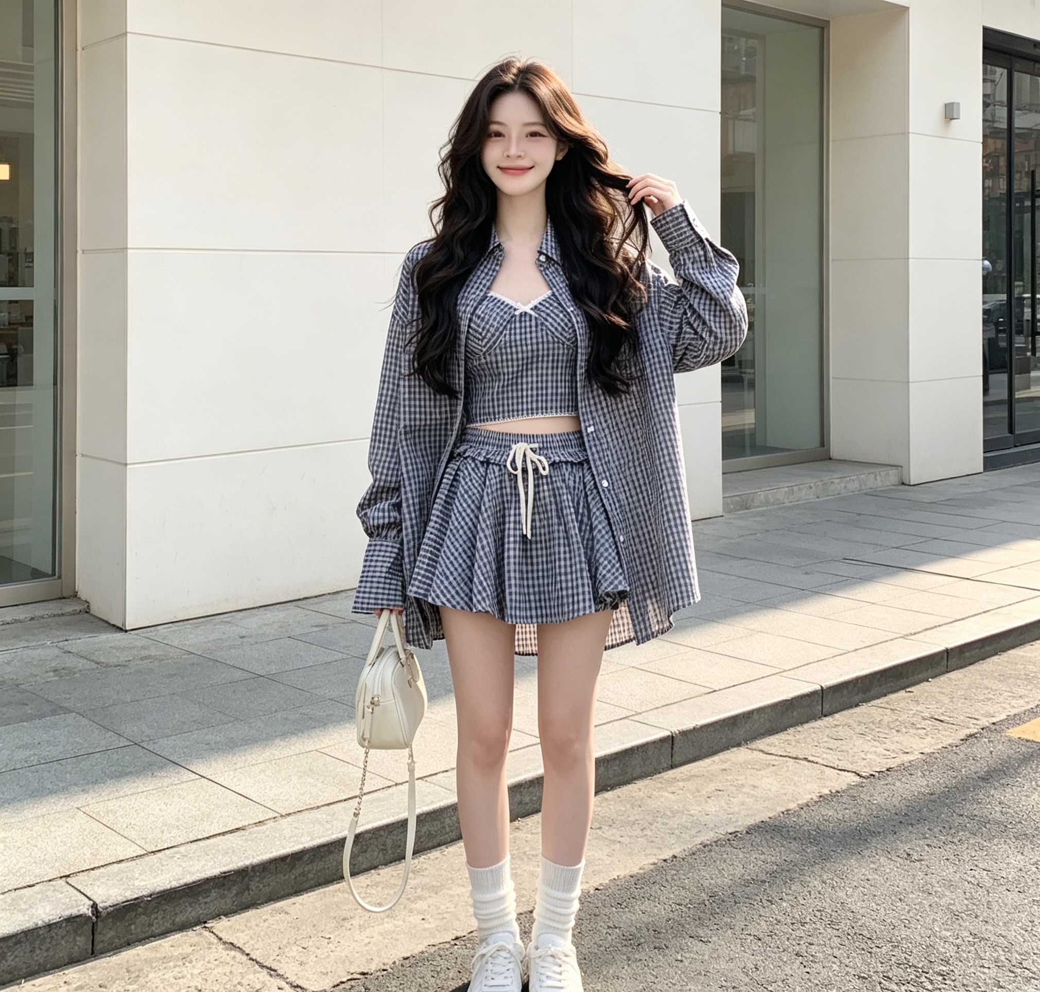宽松慵懒减龄上衣休闲套装女夏韩系chic格子长袖防晒衬衫高腰短裙 服裝批發女裝批發服飾貨源