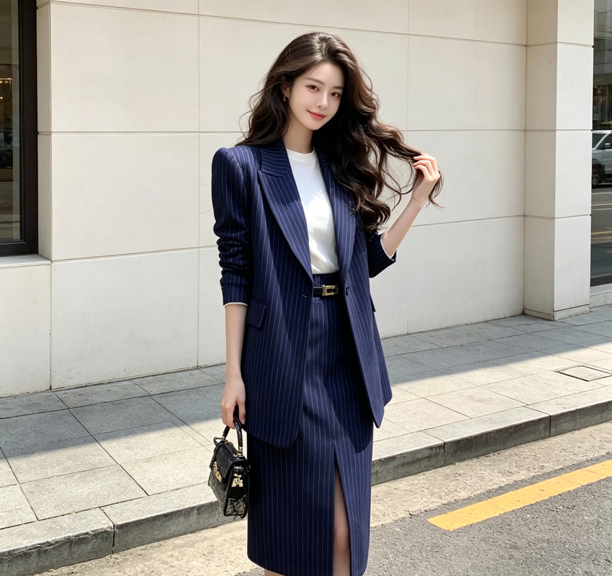 韩系秋季贵感穿搭高端女神范干练气质重要场合蓝色条纹西装两件套 服裝批發女裝批發服飾貨源