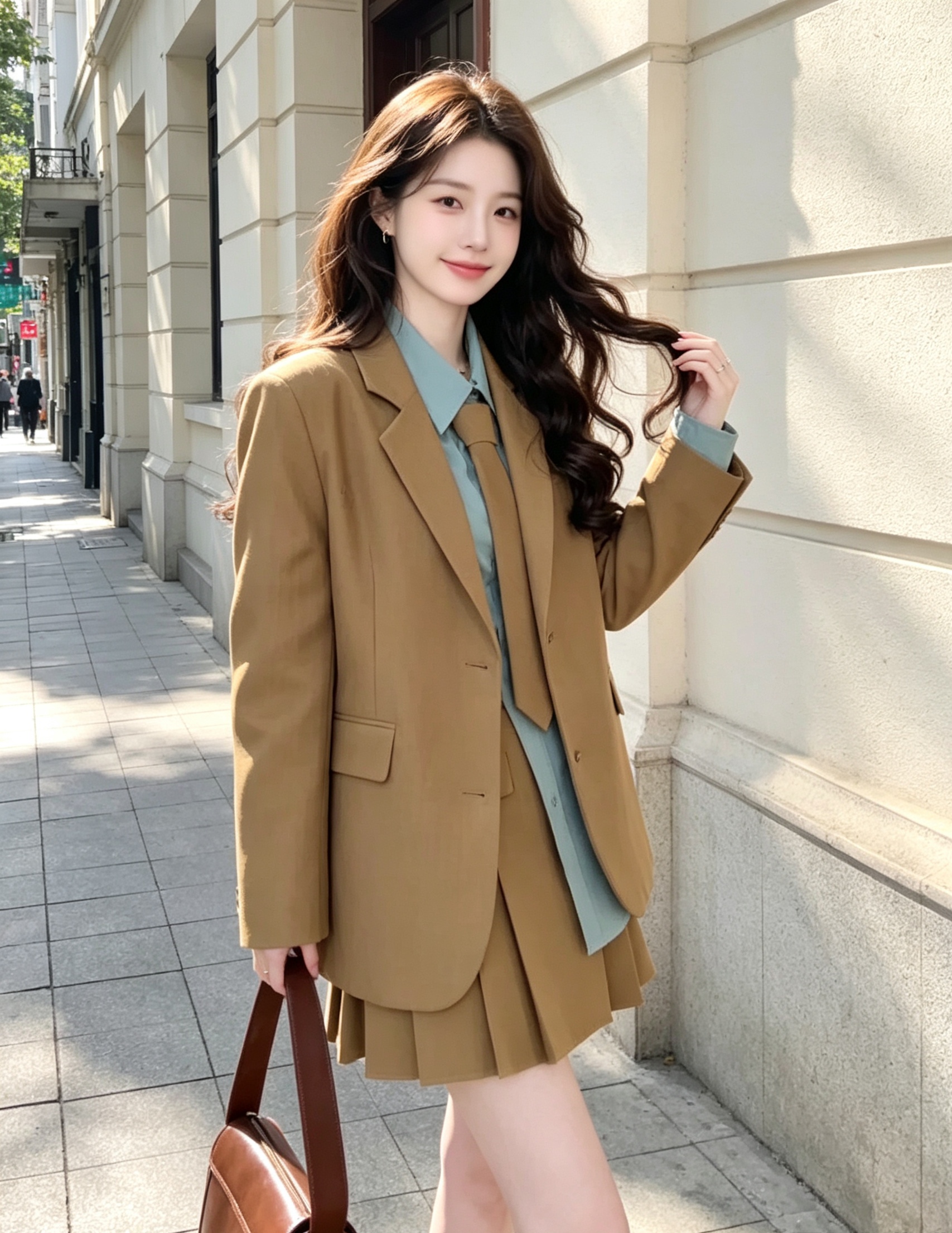 韩系通勤气质套装裙女早秋宽松休闲西服外套衬衫百褶裙三件套 服裝批發女裝批發服飾貨源