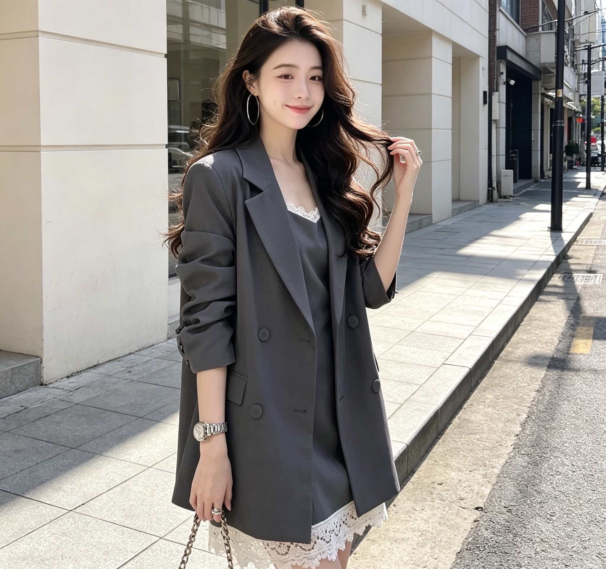 新款高级蕾丝拼接吊带裙春季西装时尚外套连衣裙套装 服裝批發女裝批發服飾貨源