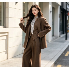 批发老钱风高级感套装咖色气质廓形西装外套马甲西裤休闲女2026新款