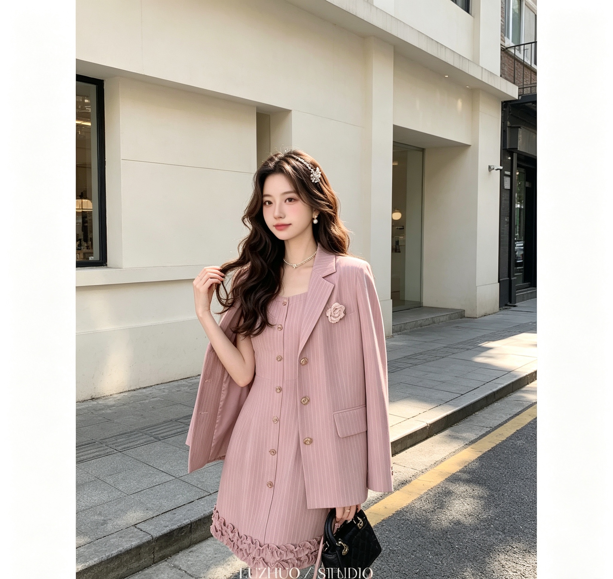 甜系智感粉色条纹西装外套套装女早春小个子上衣女 服裝批發女裝批發服飾貨源