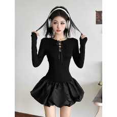 批发法式复古赫本风高级感气质蓬蓬裙新款收腰显瘦绑带<b class='q'>镂空</b><b class='q'>连衣裙</b>