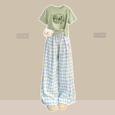 批发<b class='q'>女</b>童<b class='q'>夏</b>季<b class='q'>套装</b>2026休闲格子阔腿裤子青少年圆领短款T恤薄款两件套