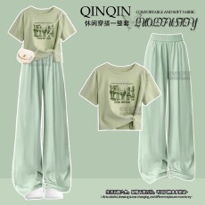 批发<b class='q'>女</b>童<b class='q'>夏</b>季<b class='q'>套装</b>2026休闲直筒阔腿裤子青少年圆领短款T恤薄款两件套