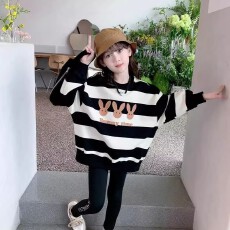 批发女大童条纹卫衣春秋款新款洋气小女孩<b class='q'>韩版</b>宽松中长款圆领上衣