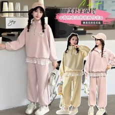 批发女大童套装秋装2025新款洋气<b class='q'>儿童</b>春秋款蕾丝花边运动卫衣两件套