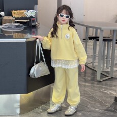 批发女大童套装秋装2025新款洋气<b class='q'>儿童</b>春秋款蕾丝花边运动卫衣两件套