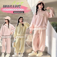 批发女大童套装秋装2025新款洋气<b class='q'>儿童</b>春秋款蕾丝花边运动卫衣两件套