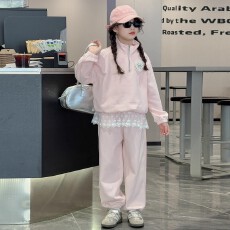 批发女大童套装秋装2026新款洋气儿童春秋款蕾丝花边运动卫衣两件套